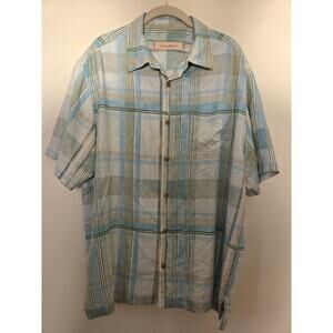 Tommy Bahama Men's L Blue Green Plaid 100% Silk Button Up Shirt Short Sleeve